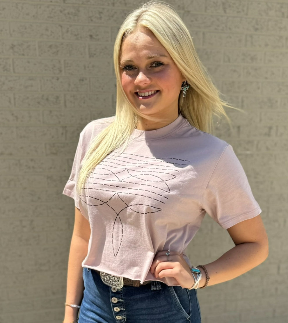 Boot Stitch Cropped Tee- Rose